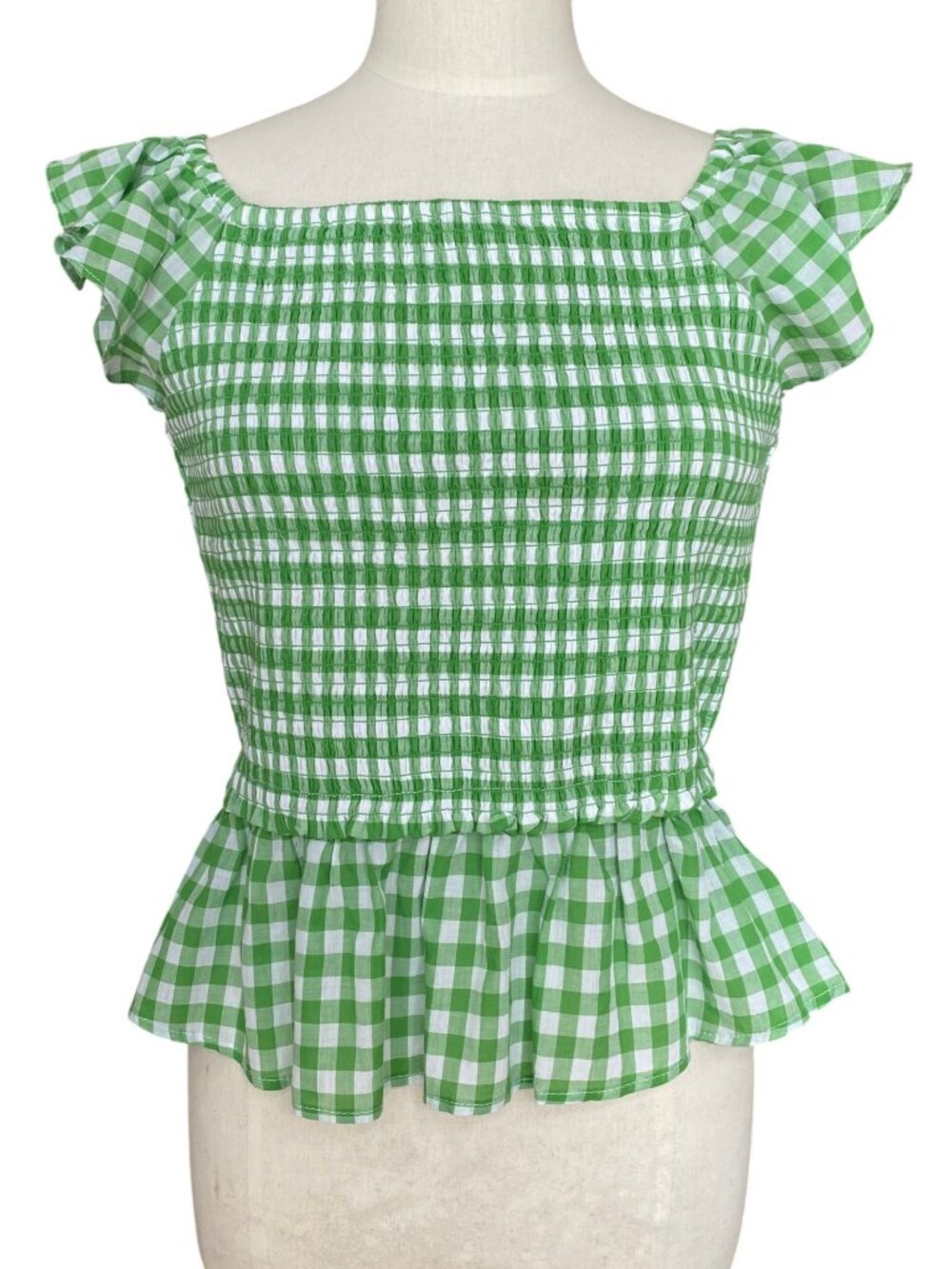 Draper James RSVP Gingham Smocked Square Neck Top Green White Cottage Coastal-L